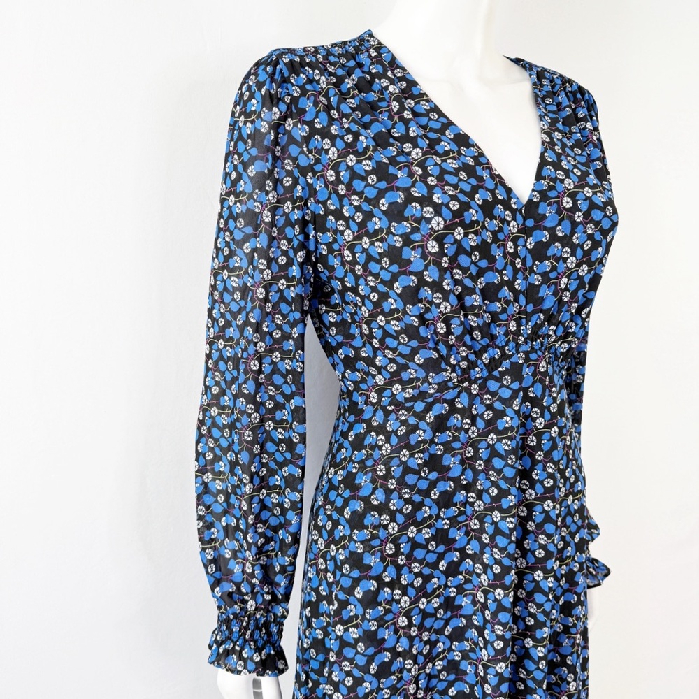 Cabi Blue Floral Mesh Dress Size M Long Sleeve V-Neck Casual A-Line Classic - Picture 6 of 10